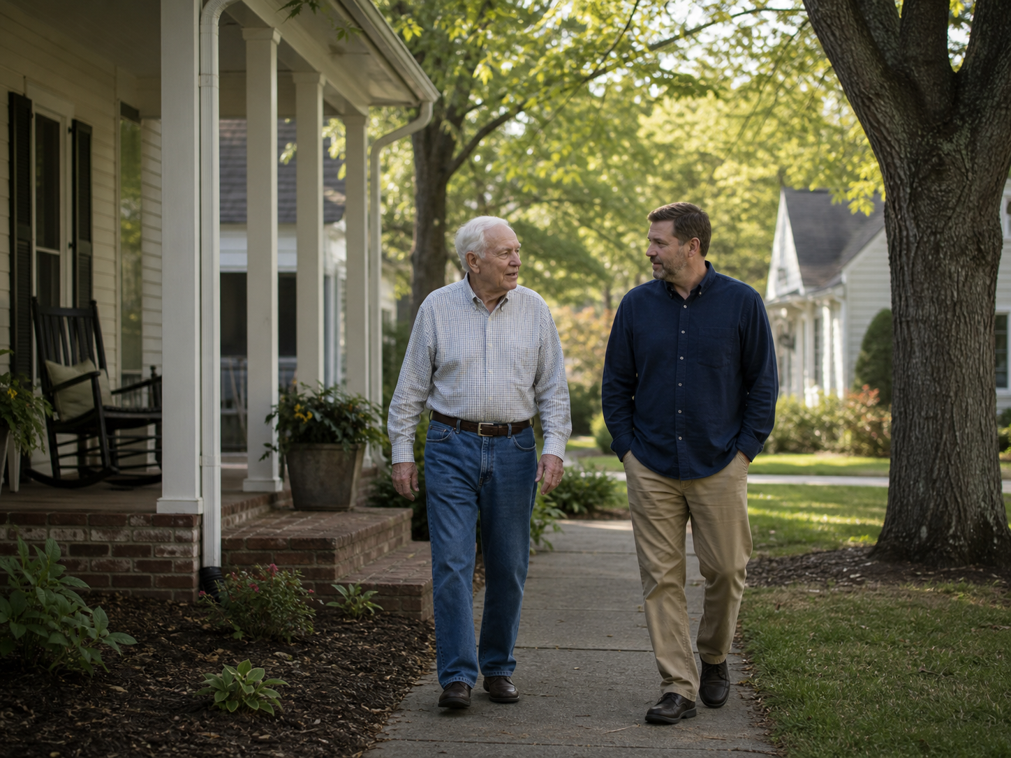 An older man and a caregiver walking and talking in a North Alabama neighborhood
