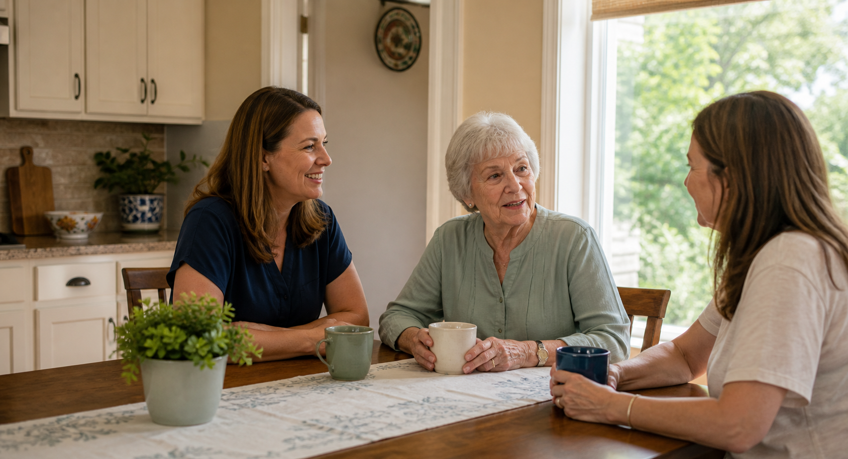 An older woman, her adult daughter, and a caregiver talking together at a kitchen table