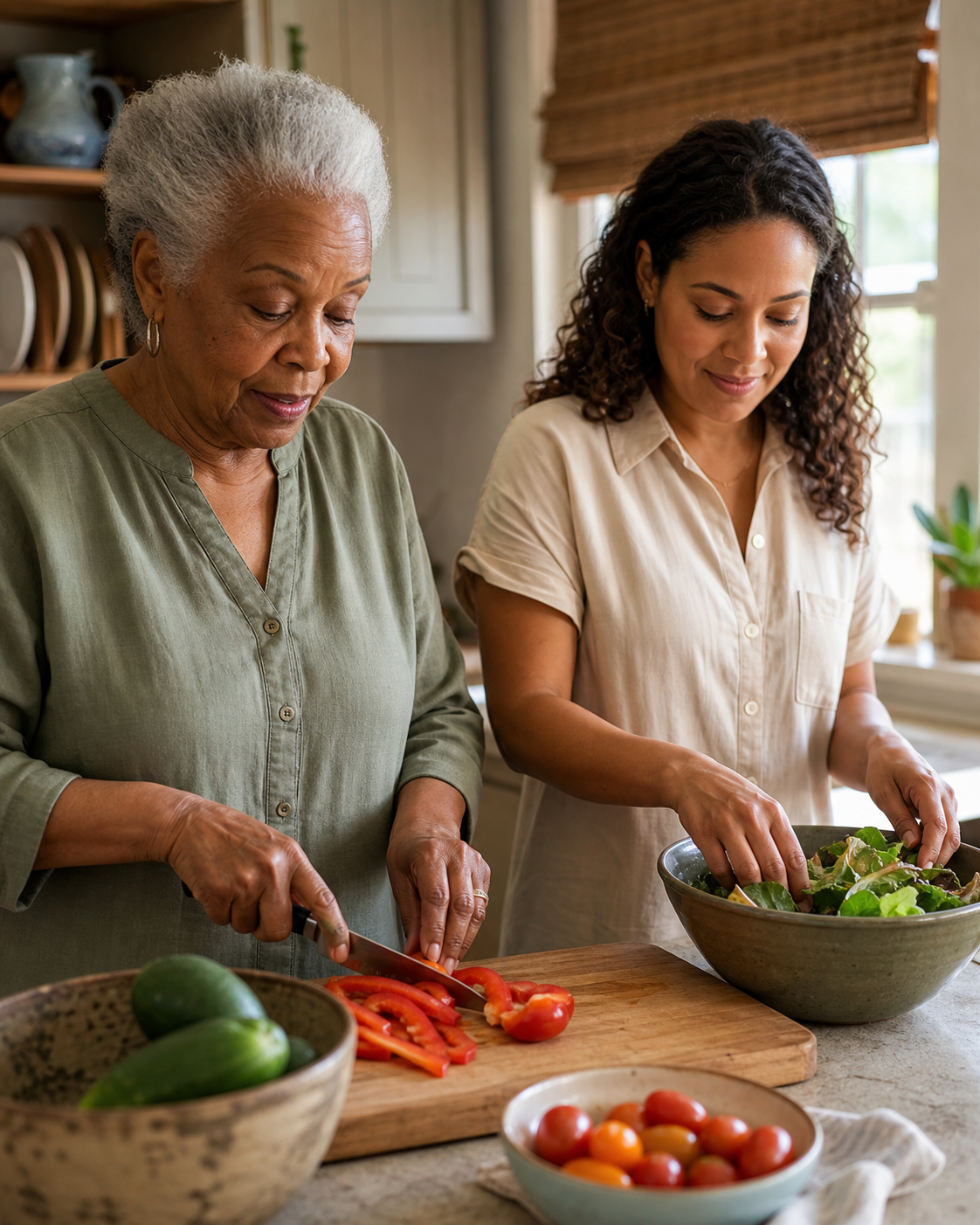 An older woman and a caregiver preparing a fresh meal together at home